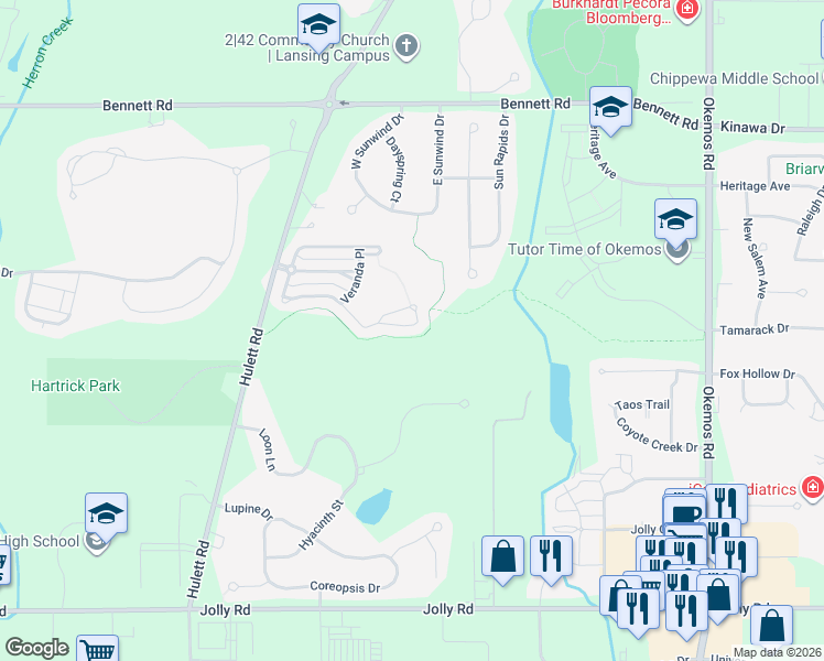 map of restaurants, bars, coffee shops, grocery stores, and more near 2613 Elderberry Drive in Okemos