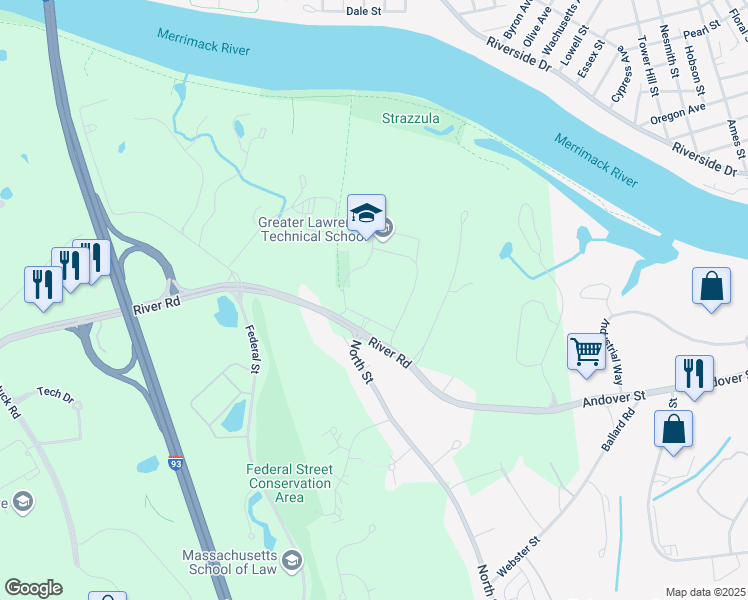map of restaurants, bars, coffee shops, grocery stores, and more near 57 River Road in Andover