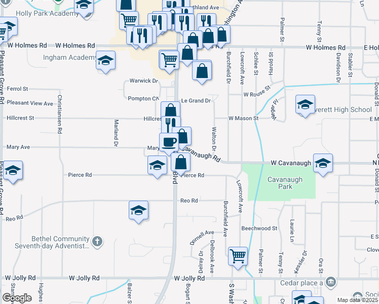 map of restaurants, bars, coffee shops, grocery stores, and more near in Lansing