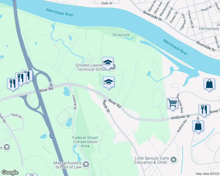 map of restaurants, bars, coffee shops, grocery stores, and more near 57 River Road in Andover