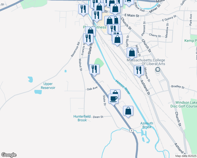 map of restaurants, bars, coffee shops, grocery stores, and more near 310 State St in North Adams
