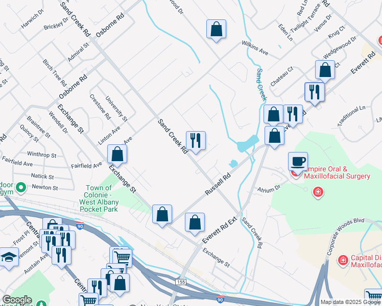 map of restaurants, bars, coffee shops, grocery stores, and more near 97A Sand Creek Road in Albany