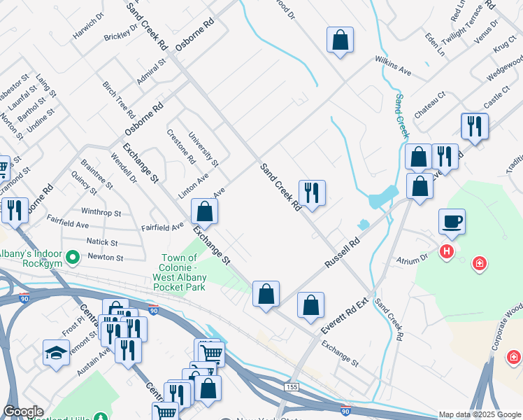 map of restaurants, bars, coffee shops, grocery stores, and more near 116 Sand Creek Road in Albany