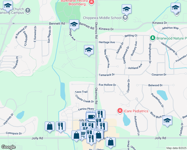 map of restaurants, bars, coffee shops, grocery stores, and more near 2283 Knob Hill Drive in Meridian charter Township