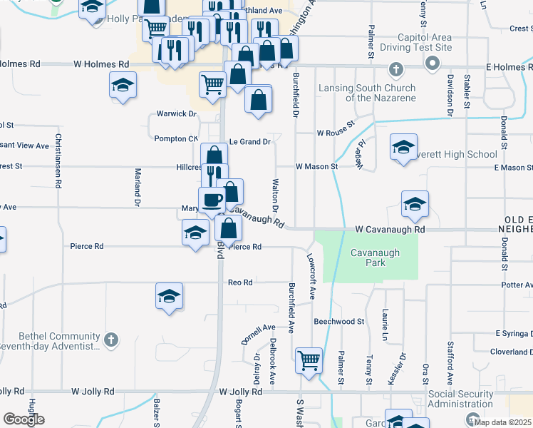 map of restaurants, bars, coffee shops, grocery stores, and more near Hillcrest Street in Lansing