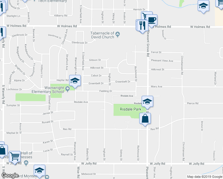 map of restaurants, bars, coffee shops, grocery stores, and more near 4110 Ingham Street in Lansing