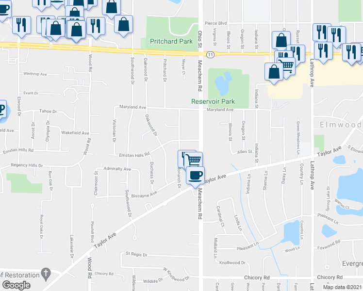 map of restaurants, bars, coffee shops, grocery stores, and more near 4778-4898 Emstan Hills Road in Racine