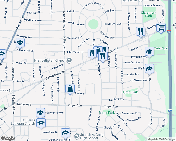 map of restaurants, bars, coffee shops, grocery stores, and more near in Janesville