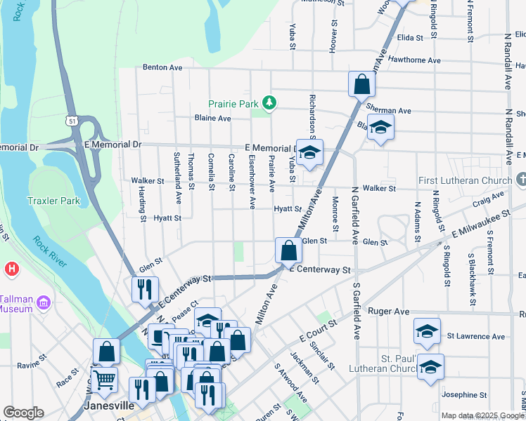 map of restaurants, bars, coffee shops, grocery stores, and more near 615 Prairie Avenue in Janesville