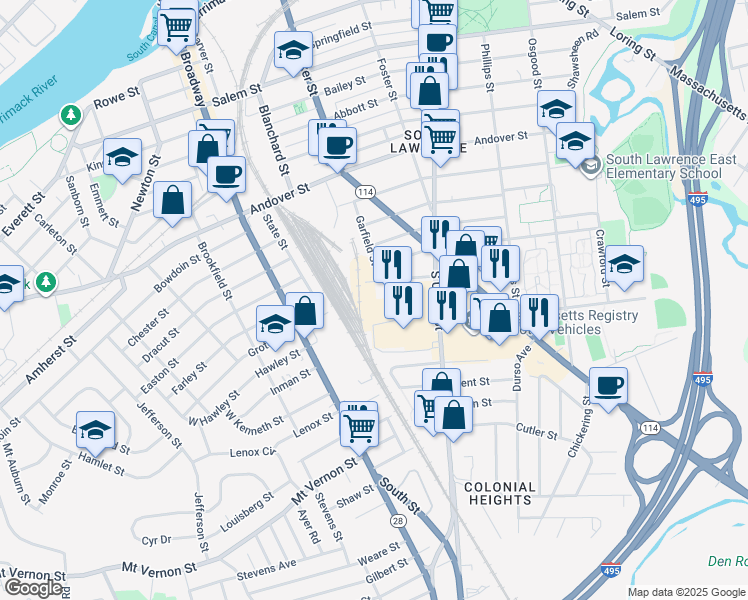 map of restaurants, bars, coffee shops, grocery stores, and more near 22 Falmouth Street in Lawrence