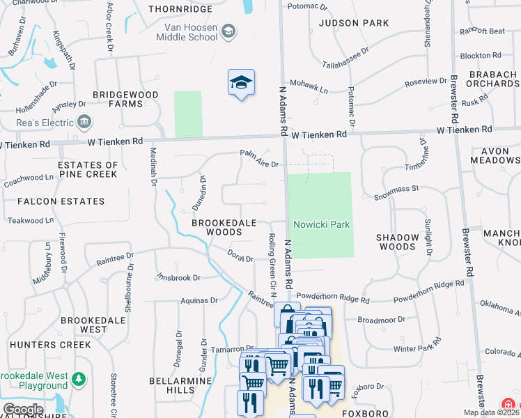 map of restaurants, bars, coffee shops, grocery stores, and more near 3102 Brandon Court in Rochester Hills