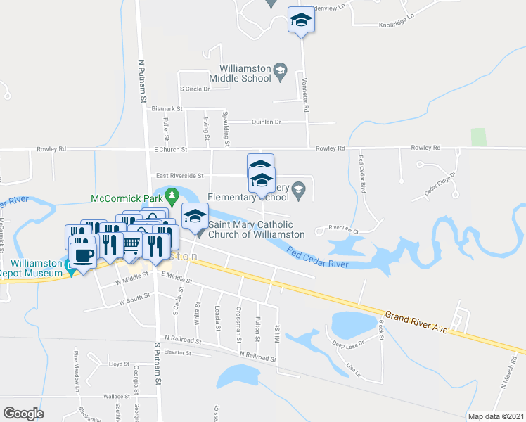 map of restaurants, bars, coffee shops, grocery stores, and more near 416 Highland Street in Williamston