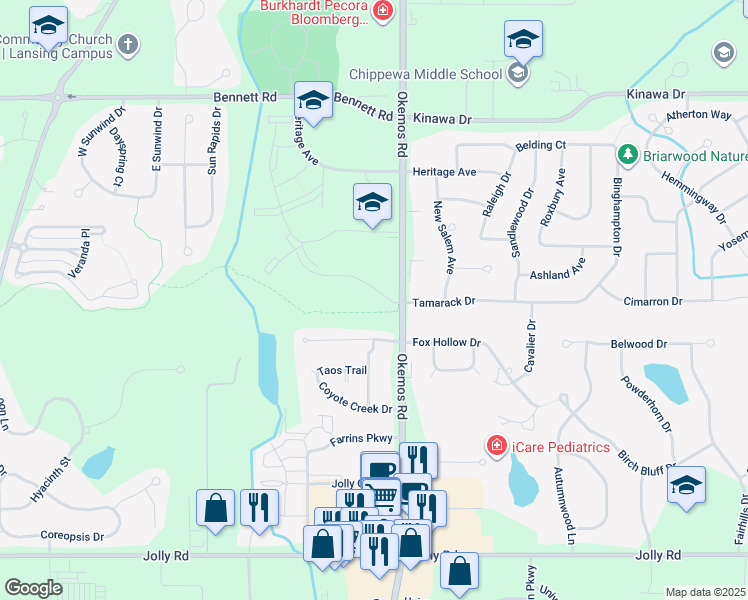 map of restaurants, bars, coffee shops, grocery stores, and more near 2283 Knob Hill Drive in Meridian charter Township
