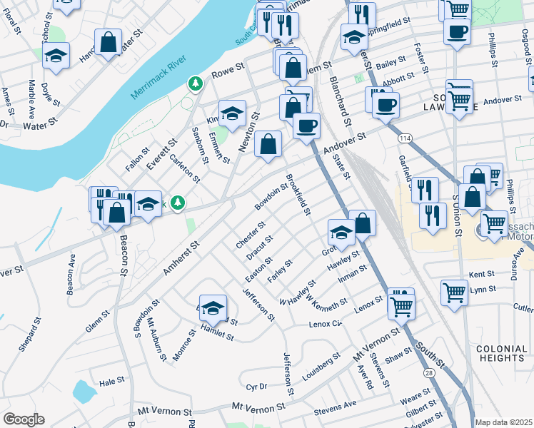 map of restaurants, bars, coffee shops, grocery stores, and more near 87 Bowdoin Street in Lawrence