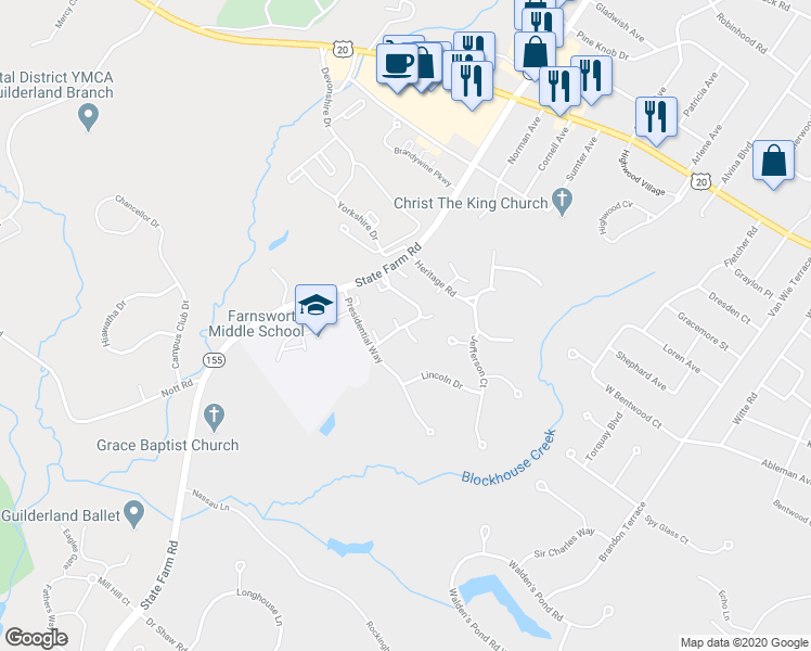 map of restaurants, bars, coffee shops, grocery stores, and more near 6086 State Farm Road in Guilderland