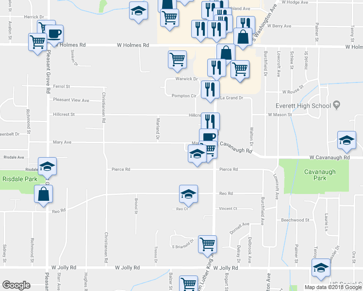 map of restaurants, bars, coffee shops, grocery stores, and more near 1302 Mary Avenue in Lansing