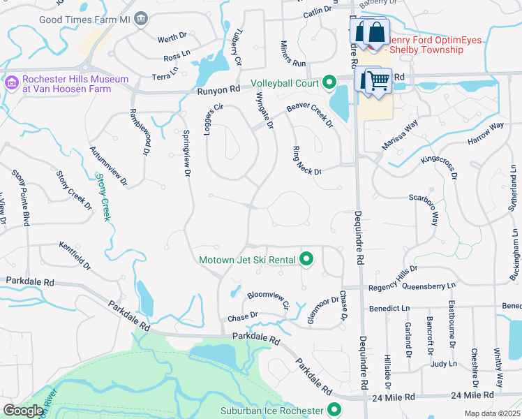 map of restaurants, bars, coffee shops, grocery stores, and more near 1366 Rock Valley Drive in Rochester
