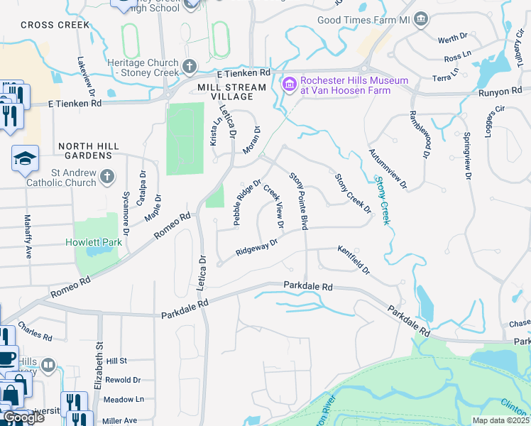 map of restaurants, bars, coffee shops, grocery stores, and more near 1257 Pebble Pointe Drive in Rochester
