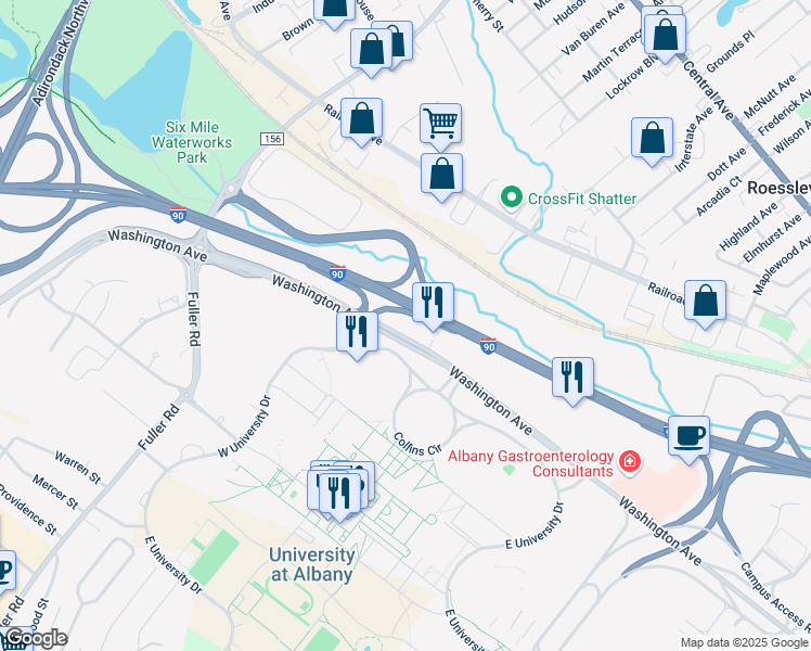 map of restaurants, bars, coffee shops, grocery stores, and more near 1475 Washington Avenue in Albany
