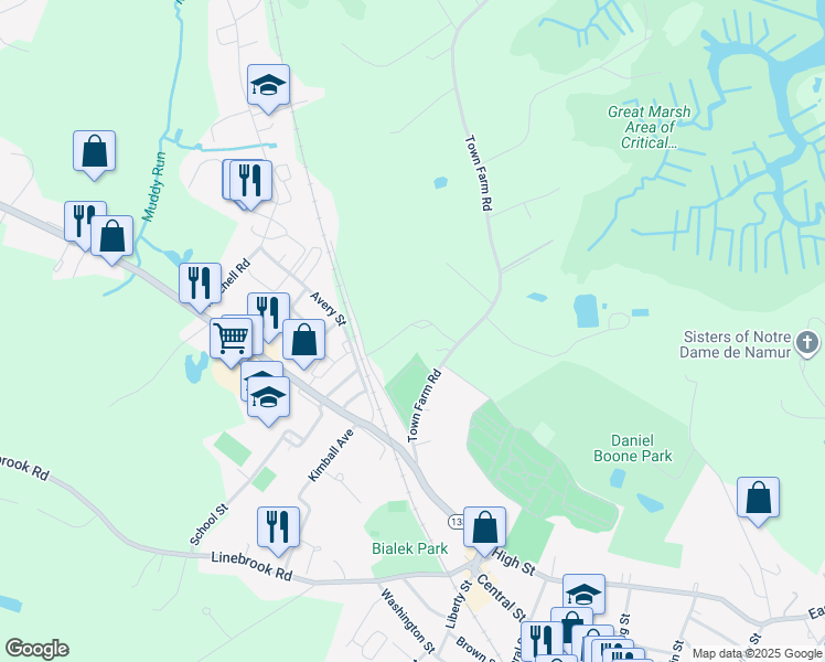 map of restaurants, bars, coffee shops, grocery stores, and more near 34 Town Farm Road in Ipswich