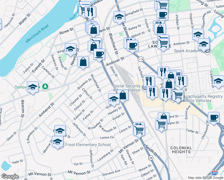 map of restaurants, bars, coffee shops, grocery stores, and more near in Lawrence