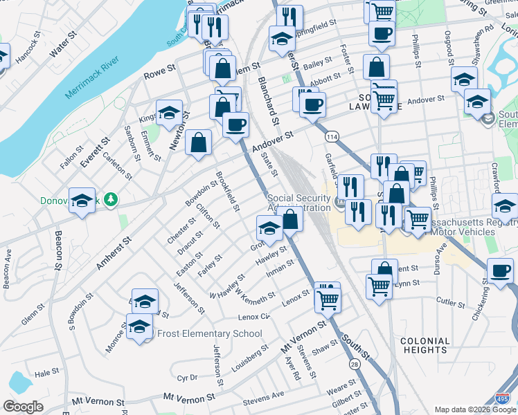 map of restaurants, bars, coffee shops, grocery stores, and more near 15 Dracut Street in Lawrence