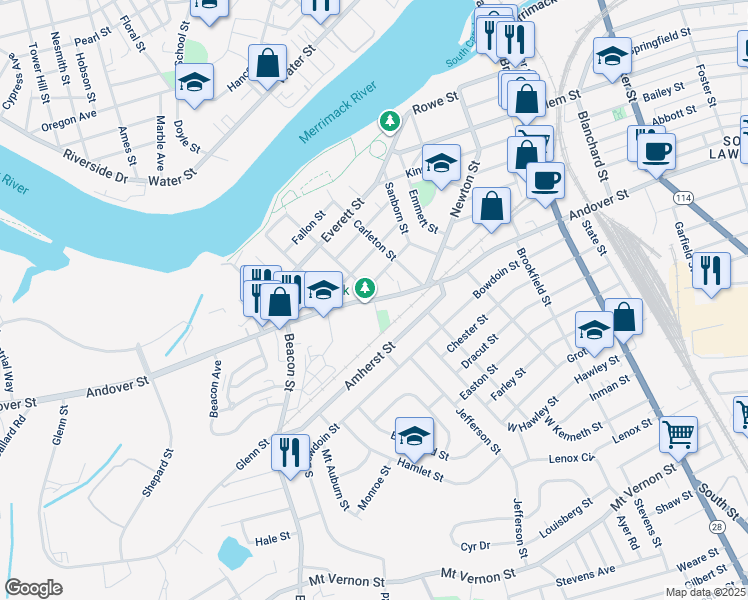 map of restaurants, bars, coffee shops, grocery stores, and more near 528 Andover Street in Lawrence