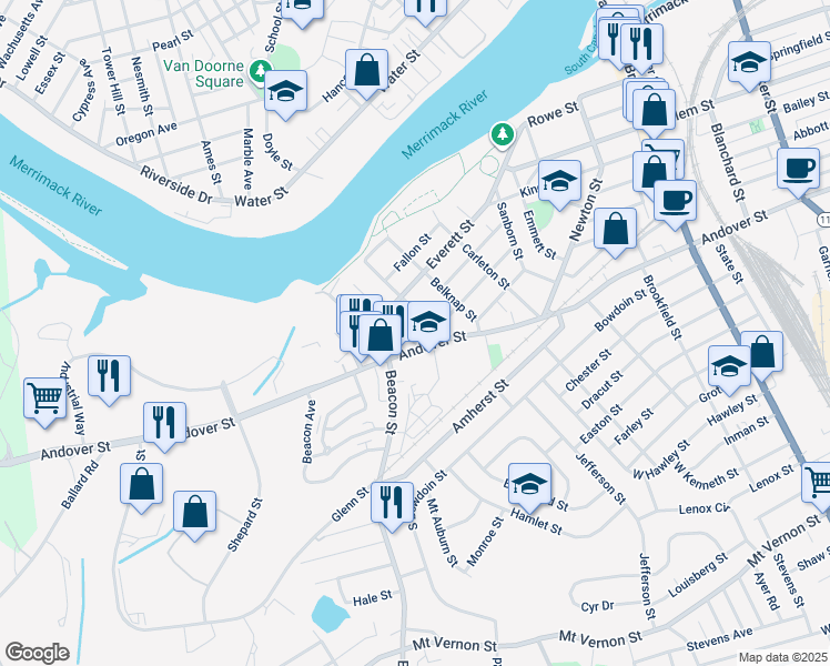map of restaurants, bars, coffee shops, grocery stores, and more near 8 Packard Street in Lawrence