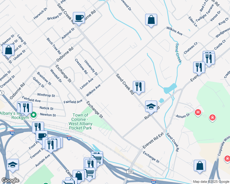 map of restaurants, bars, coffee shops, grocery stores, and more near 116 Sand Creek Road in Albany