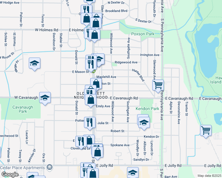 map of restaurants, bars, coffee shops, grocery stores, and more near 542 Fenton Street in Lansing