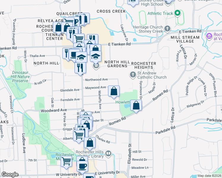 map of restaurants, bars, coffee shops, grocery stores, and more near 345 Maywood Avenue in Rochester