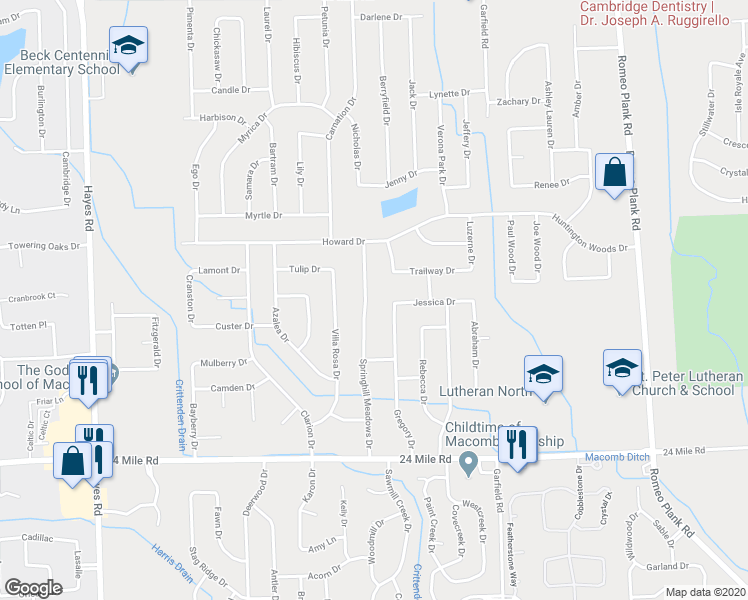 map of restaurants, bars, coffee shops, grocery stores, and more near 53610 Springhill Meadows Drive in Macomb