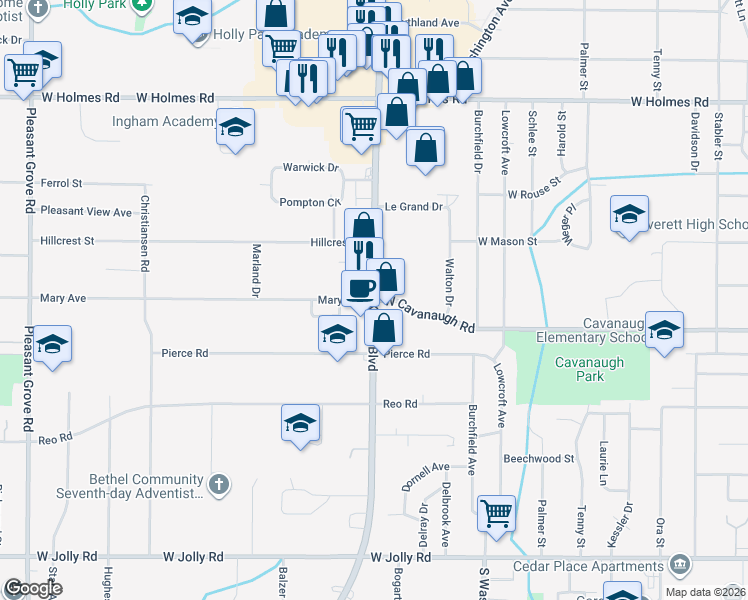 map of restaurants, bars, coffee shops, grocery stores, and more near S Martin Luther King Jr Blvd & Cavanaugh Rd in Lansing