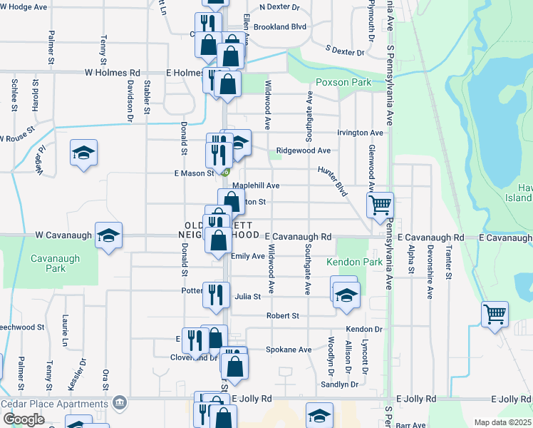 map of restaurants, bars, coffee shops, grocery stores, and more near 542 Fenton Street in Lansing