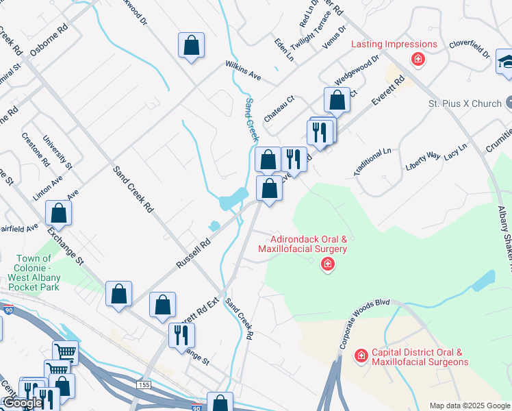 map of restaurants, bars, coffee shops, grocery stores, and more near 56 Everett Road in Albany