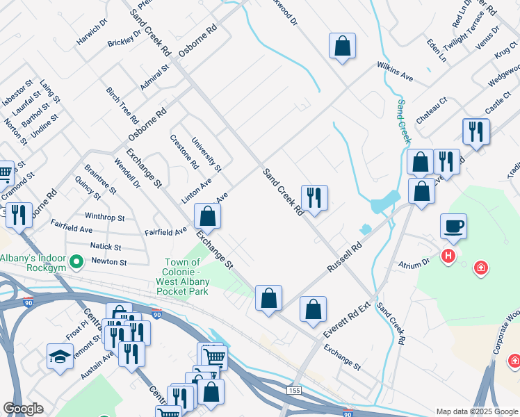 map of restaurants, bars, coffee shops, grocery stores, and more near 116 Sand Creek Road in Albany