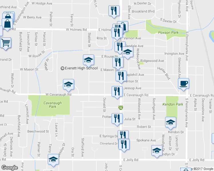 map of restaurants, bars, coffee shops, grocery stores, and more near 306 Fenton Street in Lansing