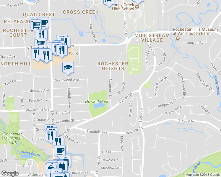 map of restaurants, bars, coffee shops, grocery stores, and more near 1201 Catalpa Drive in Rochester