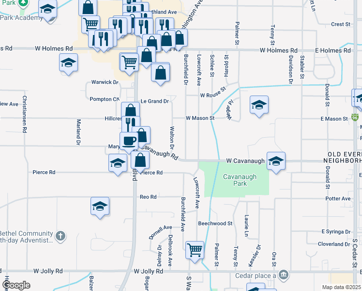 map of restaurants, bars, coffee shops, grocery stores, and more near 4101 Walton Drive in Lansing