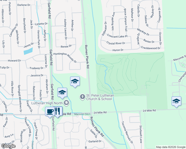 map of restaurants, bars, coffee shops, grocery stores, and more near 53700 Romeo Plank Road in Macomb