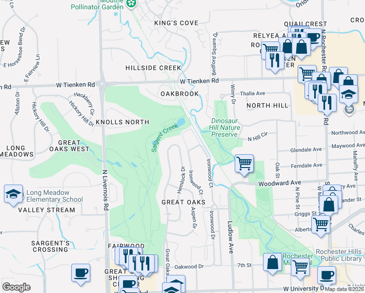 map of restaurants, bars, coffee shops, grocery stores, and more near 1161 Ironwood Court in Rochester
