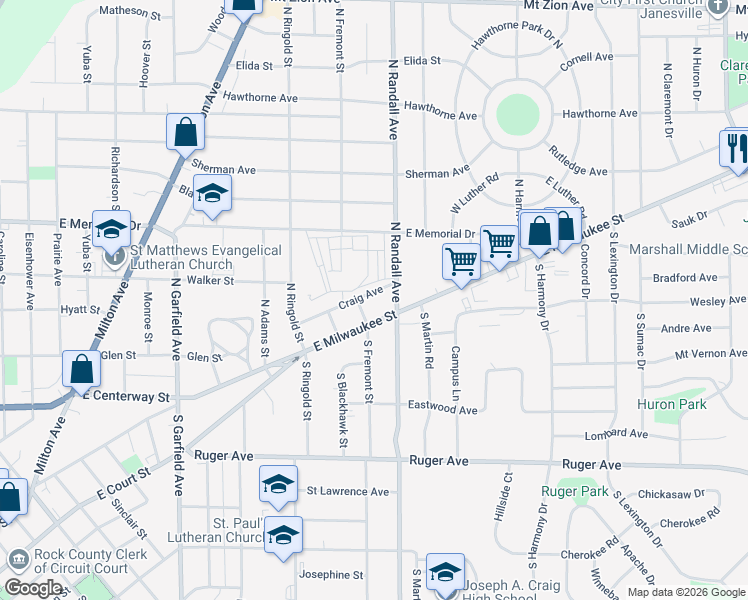 map of restaurants, bars, coffee shops, grocery stores, and more near 1512 Craig Avenue in Janesville