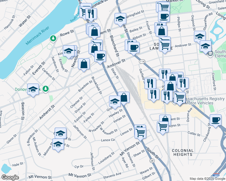 map of restaurants, bars, coffee shops, grocery stores, and more near 276 South Broadway in Lawrence