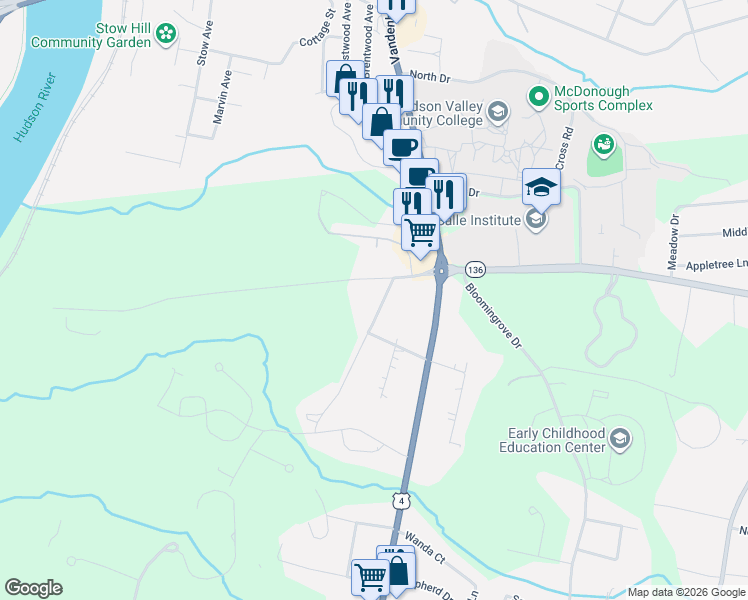 map of restaurants, bars, coffee shops, grocery stores, and more near 31 Glenmore Road in Troy