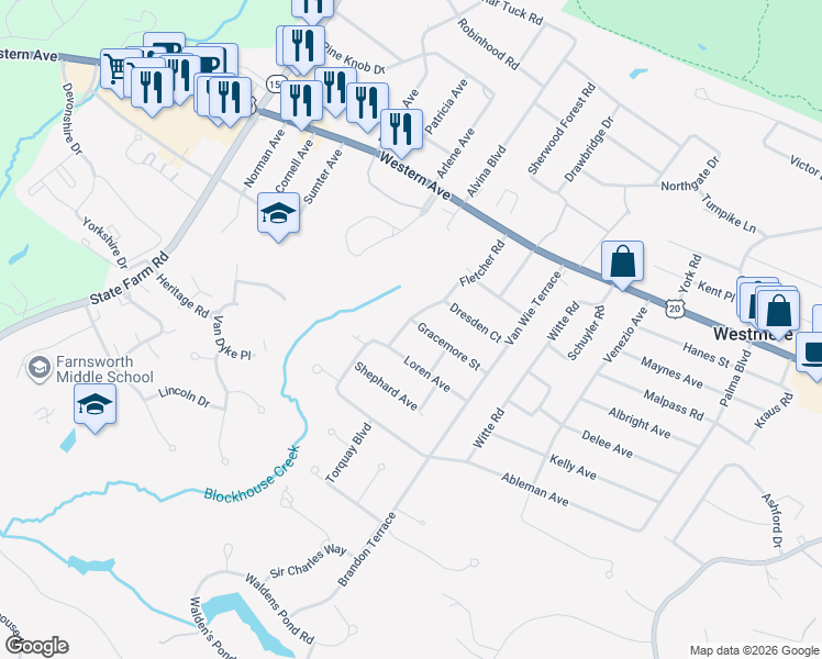 map of restaurants, bars, coffee shops, grocery stores, and more near 41 Fletcher Road in Albany