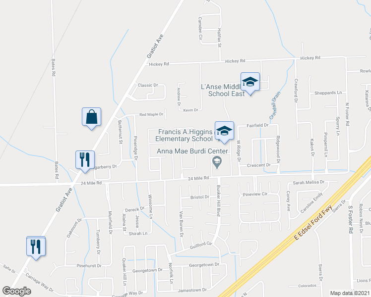 map of restaurants, bars, coffee shops, grocery stores, and more near 51723 Adler Park Drive West in Chesterfield