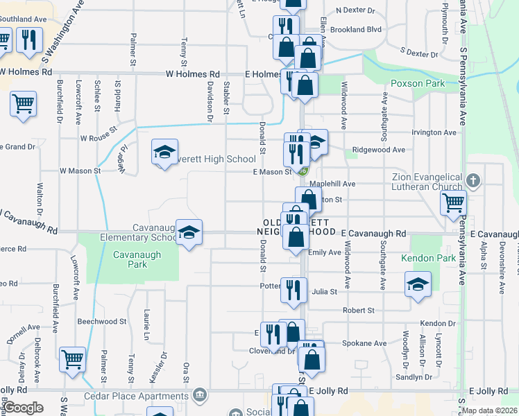 map of restaurants, bars, coffee shops, grocery stores, and more near 300 Fenton Street in Lansing