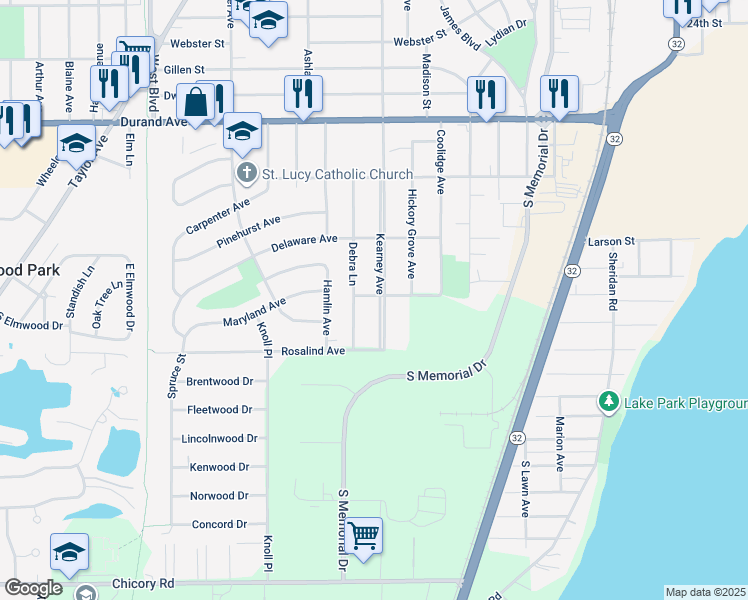 map of restaurants, bars, coffee shops, grocery stores, and more near 3257 Debra Lane in Racine