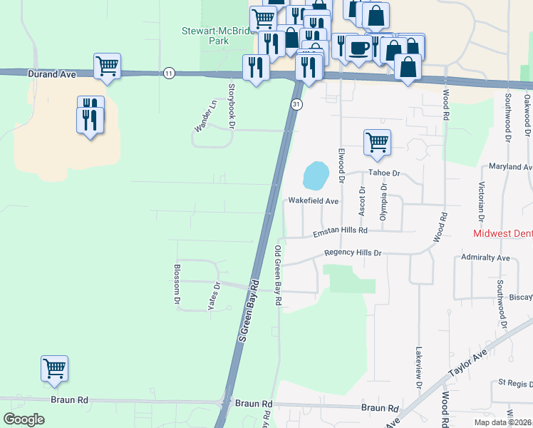 map of restaurants, bars, coffee shops, grocery stores, and more near 6300 South Drive in Mount Pleasant
