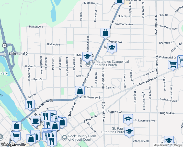 map of restaurants, bars, coffee shops, grocery stores, and more near 628 Milton Avenue in Janesville